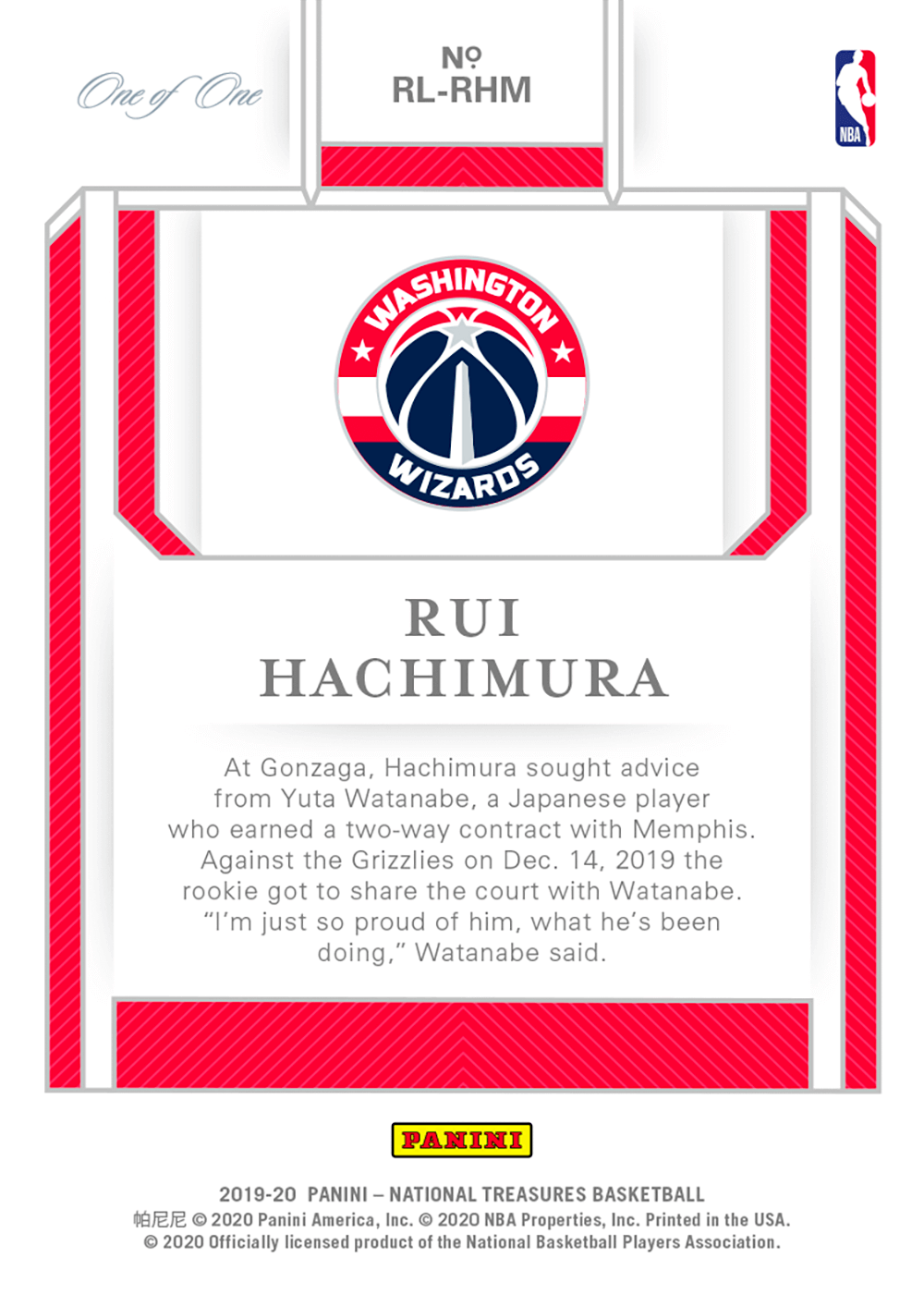19 Panini National Treasures Basketball Rookie Logoman Rui Hachimura 1 1