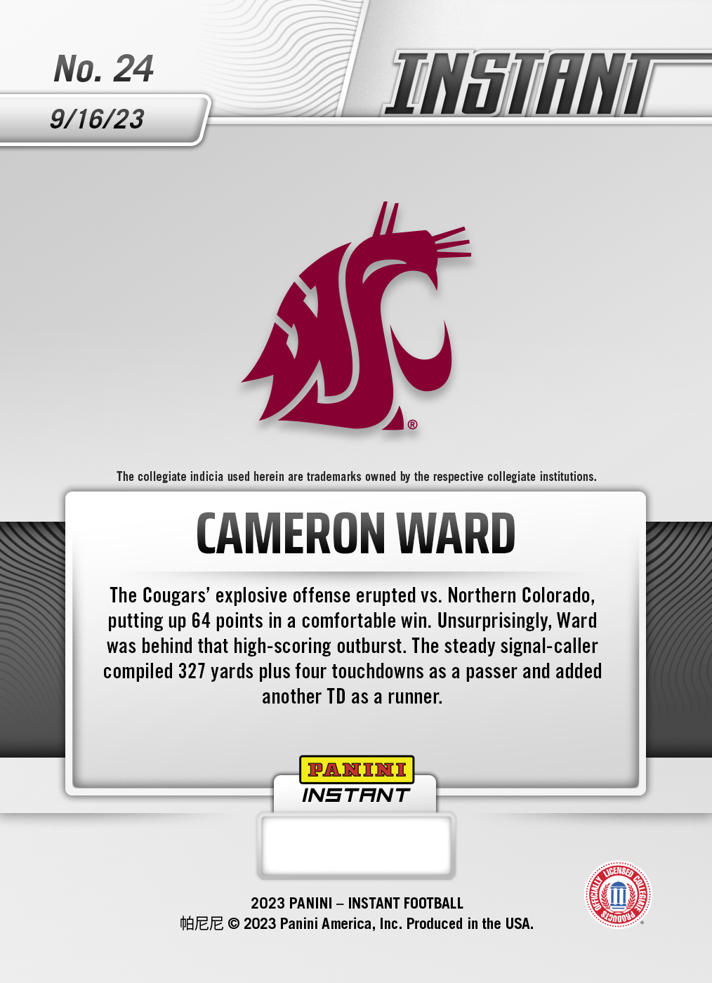 Cameron Ward - 2023 Panini Instant College Football #24