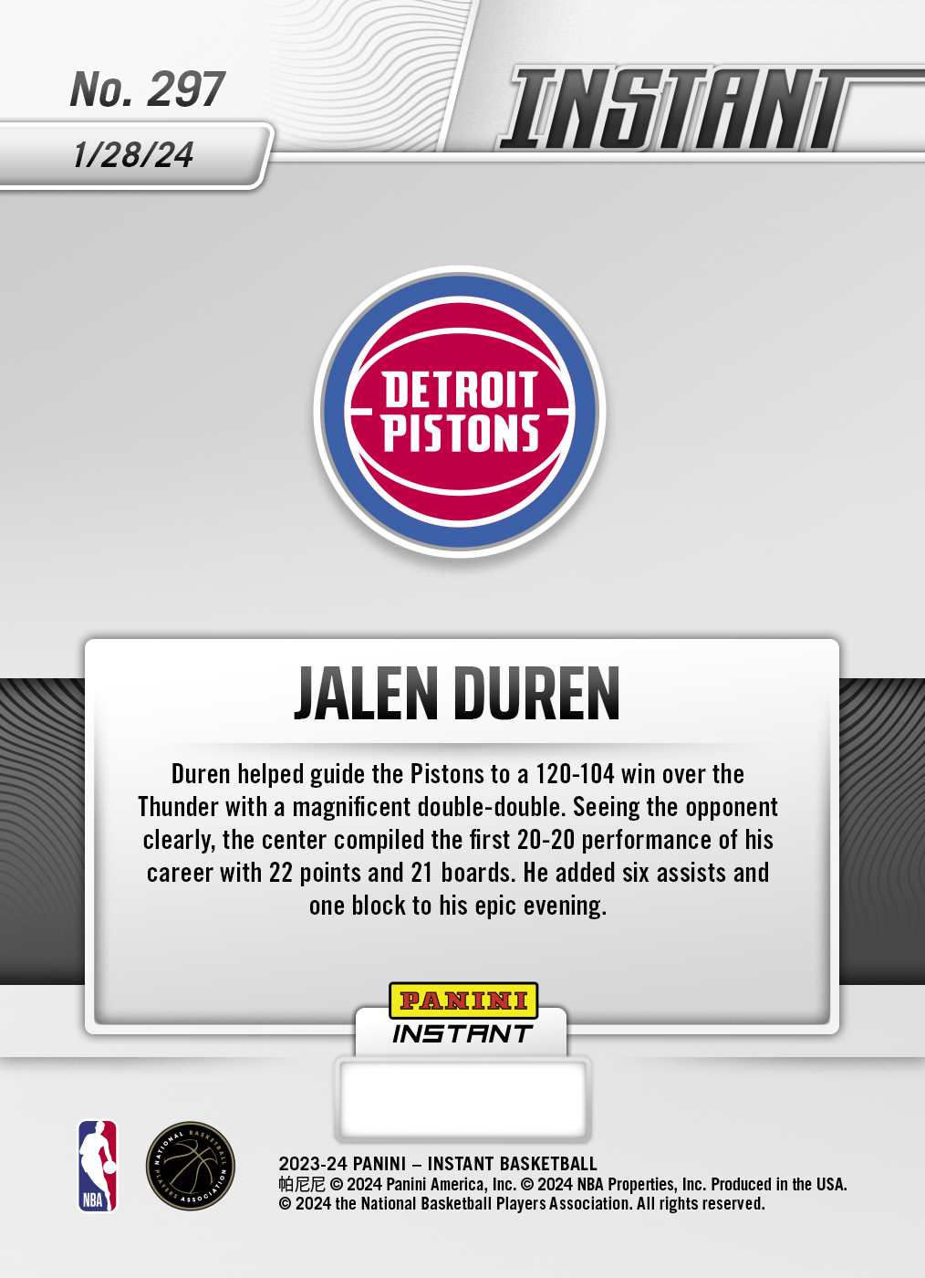 Jalen Duren - 2023-24 Panini Instant NBA #297 - Versicolor /5 Jalen Duren - 2023-24 Panini Instant NBA #297 - Versicolor /5