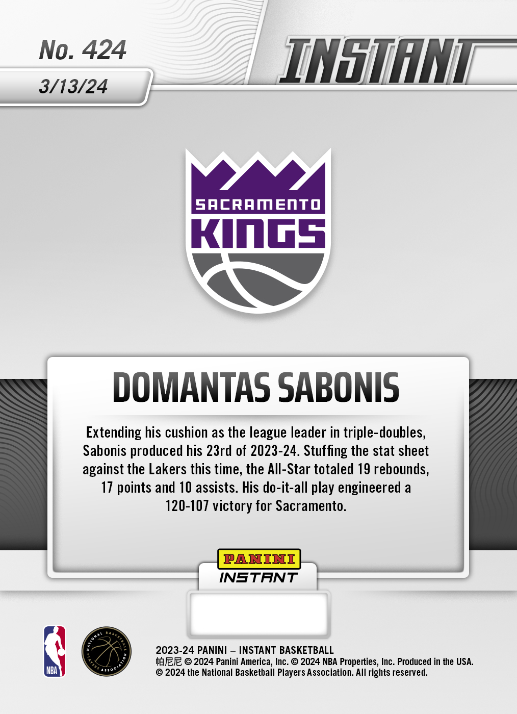 Domantas Sabonis - 2023-24 Panini Instant NBA #424 - Base