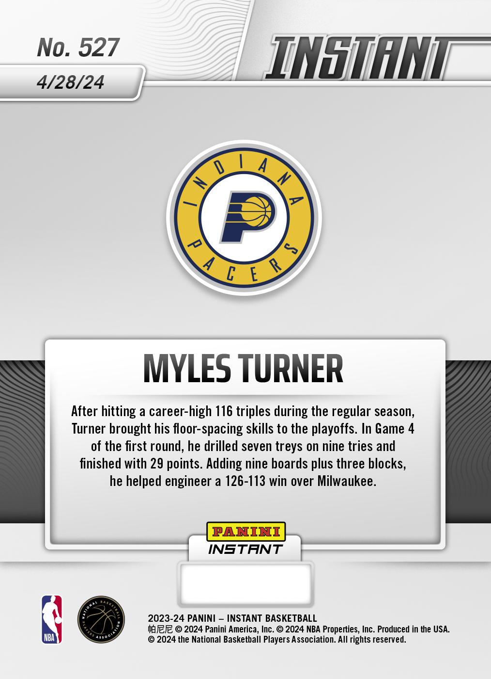 Myles Turner - 2023-24 Panini Instant NBA #527 - Base Card 5-pack