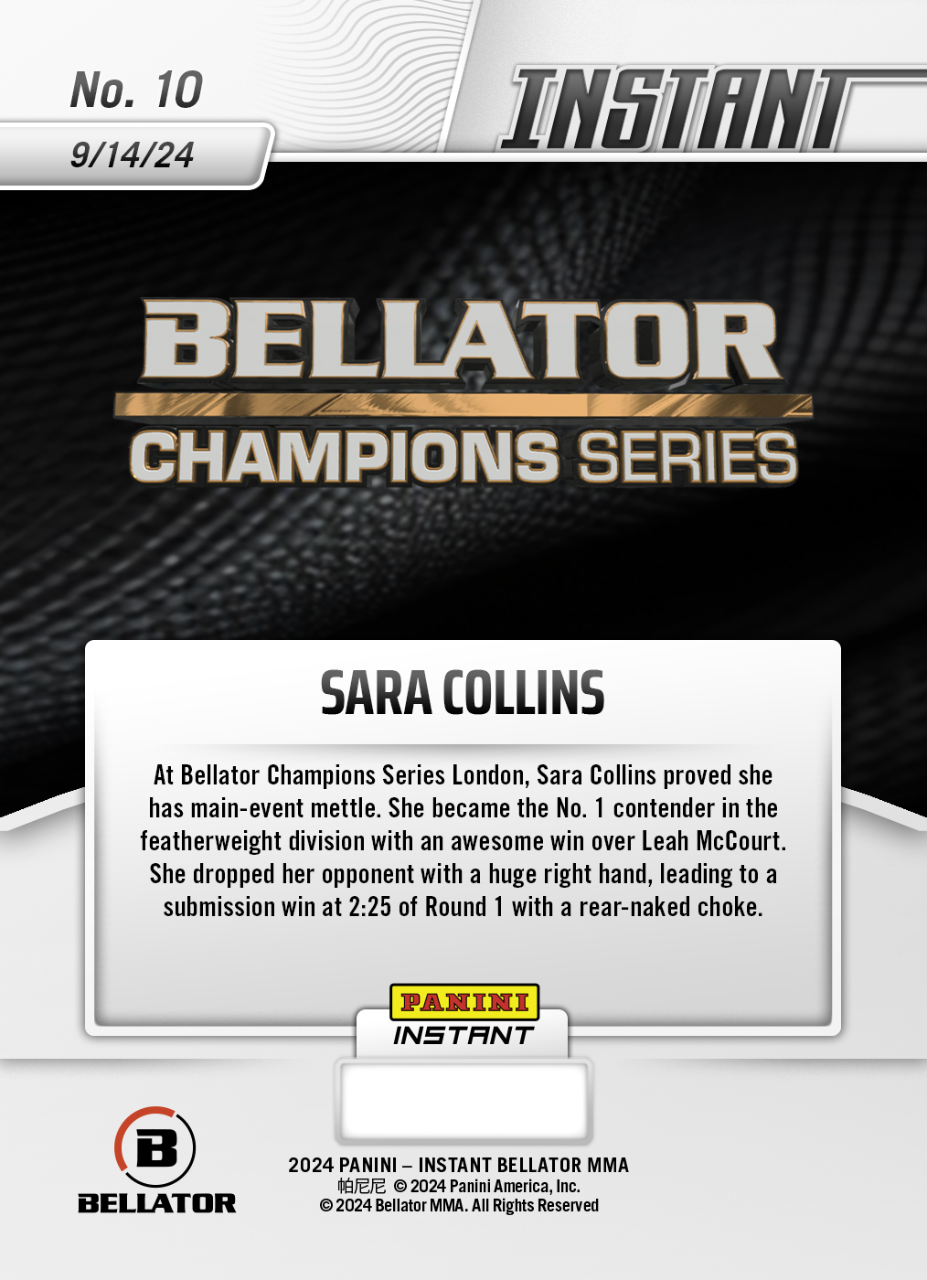 Product image 2 for - Sara Collins - 2024 Panini Instant Bellator #10 - White Tiger /5