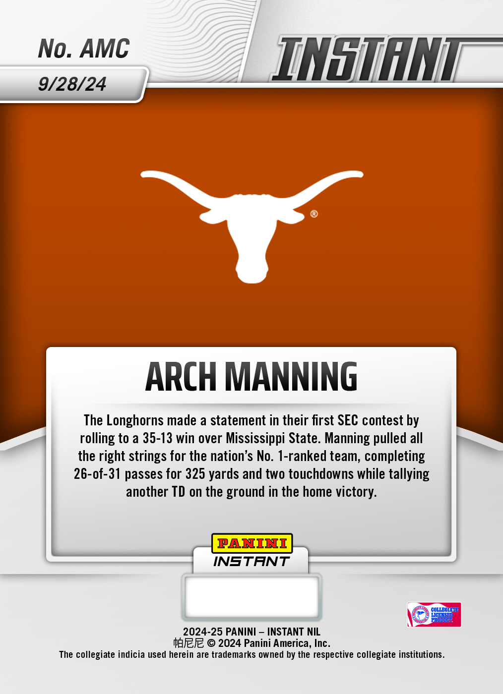 Arch Manning 2024 Panini Instant College Football AMC Jungle /25 Auto