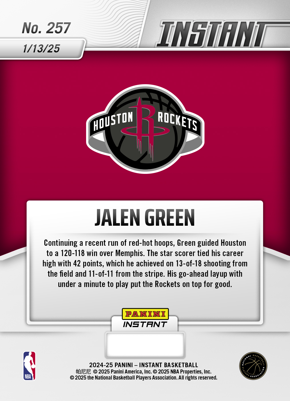 Jalen Green - 2024-25 Panini Instant NBA #257 - White Tiger /5