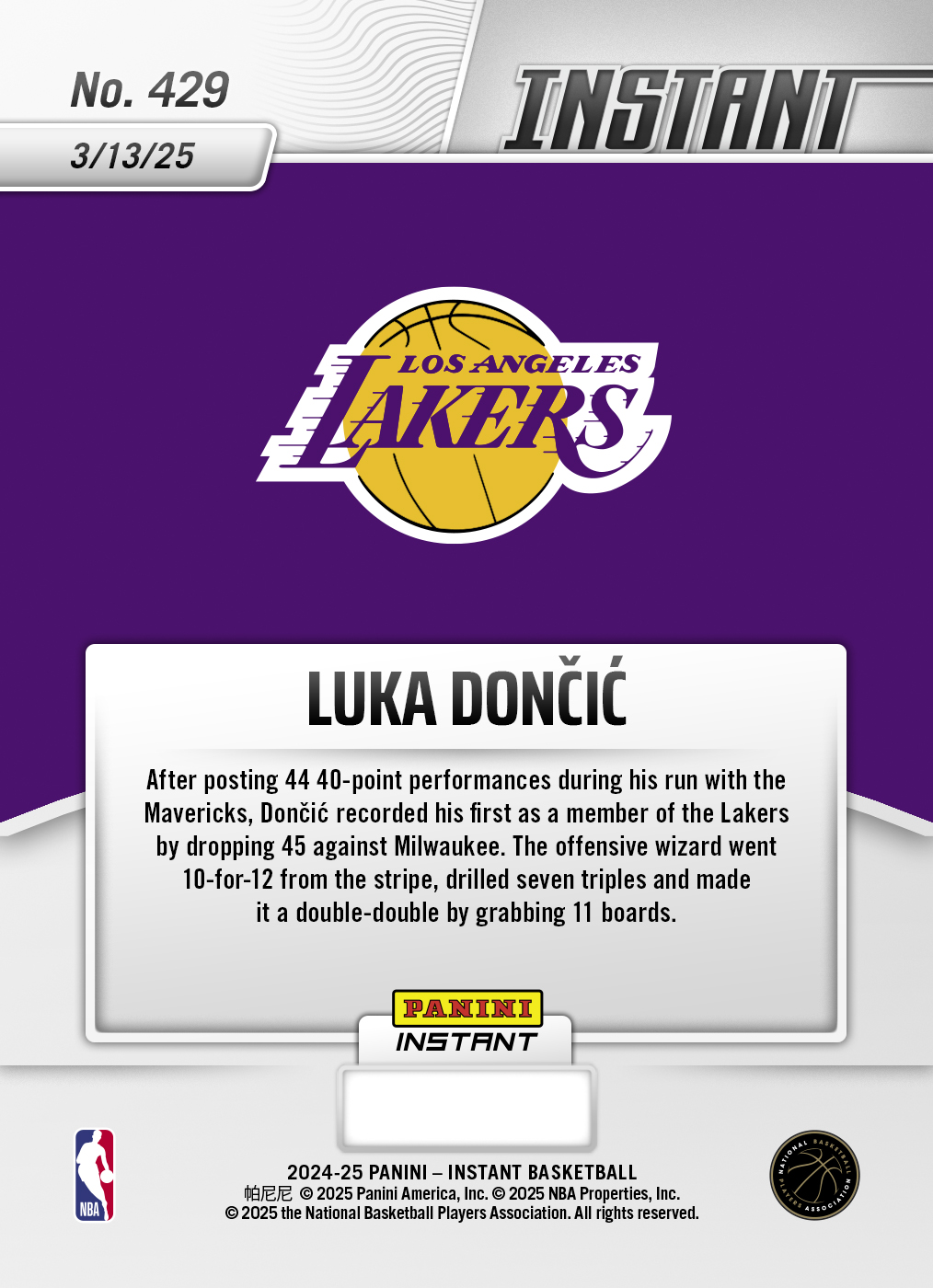 Luka Doncic - 2024-25 Panini Instant NBA #429 - White Tiger /5