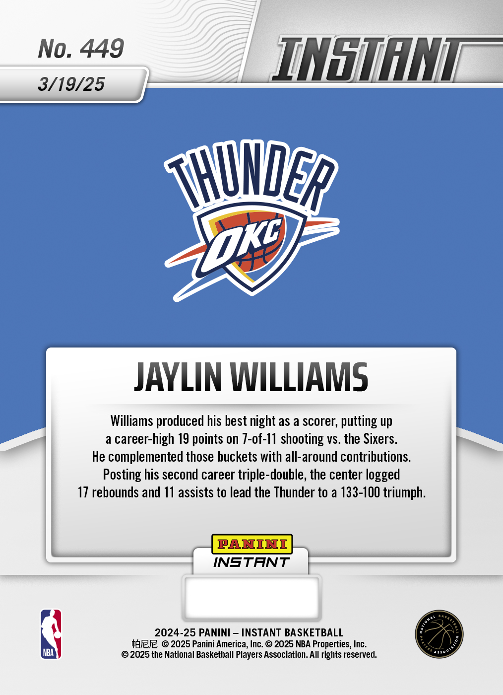 Jaylin Williams - 2024-25 Panini Instant NBA #449 - Blue