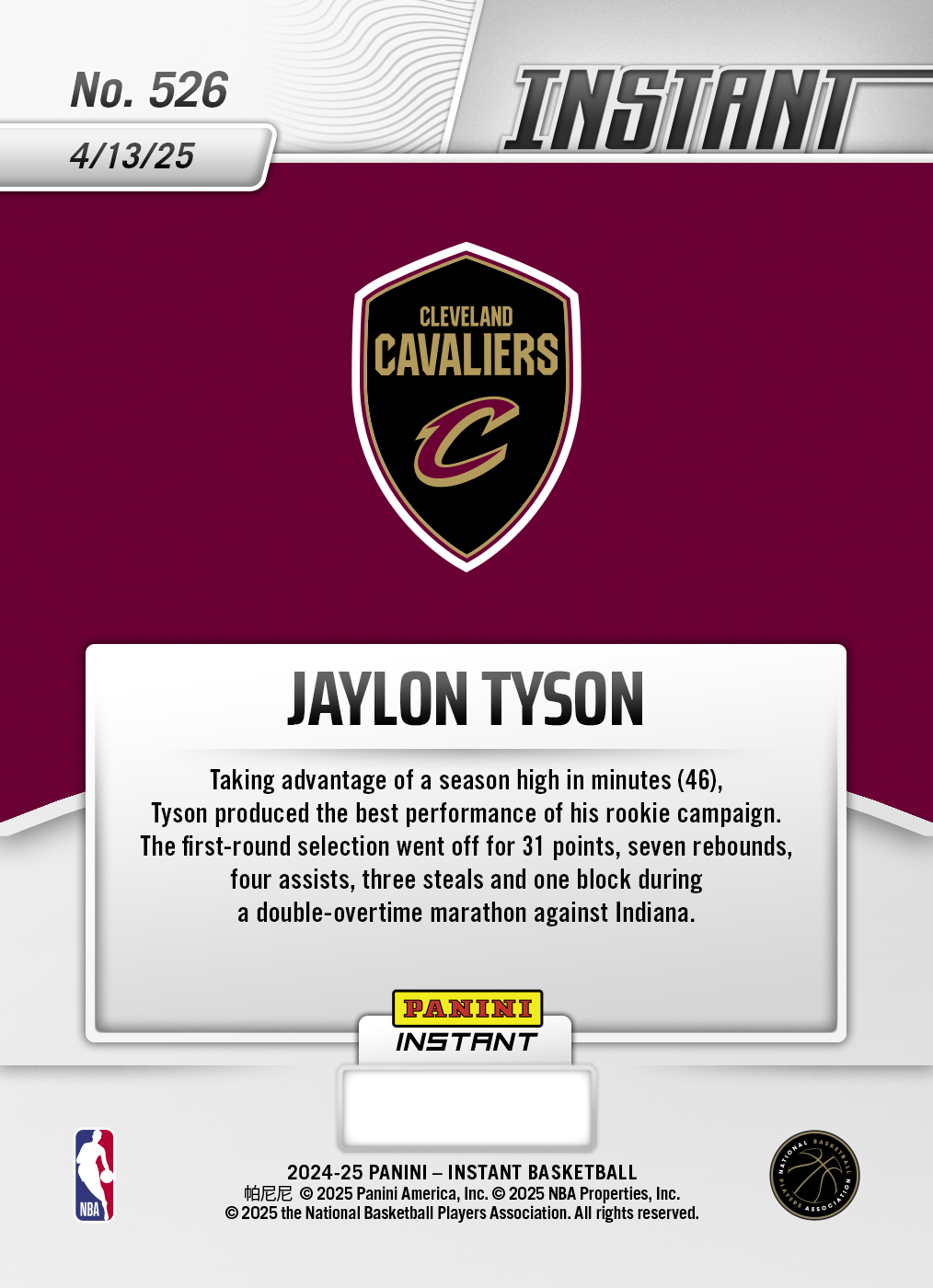 Jaylon Tyson - 2024-25 Panini Instant NBA #526 - Base Jaylon Tyson - 2024-25 Panini Instant NBA #526 - Base