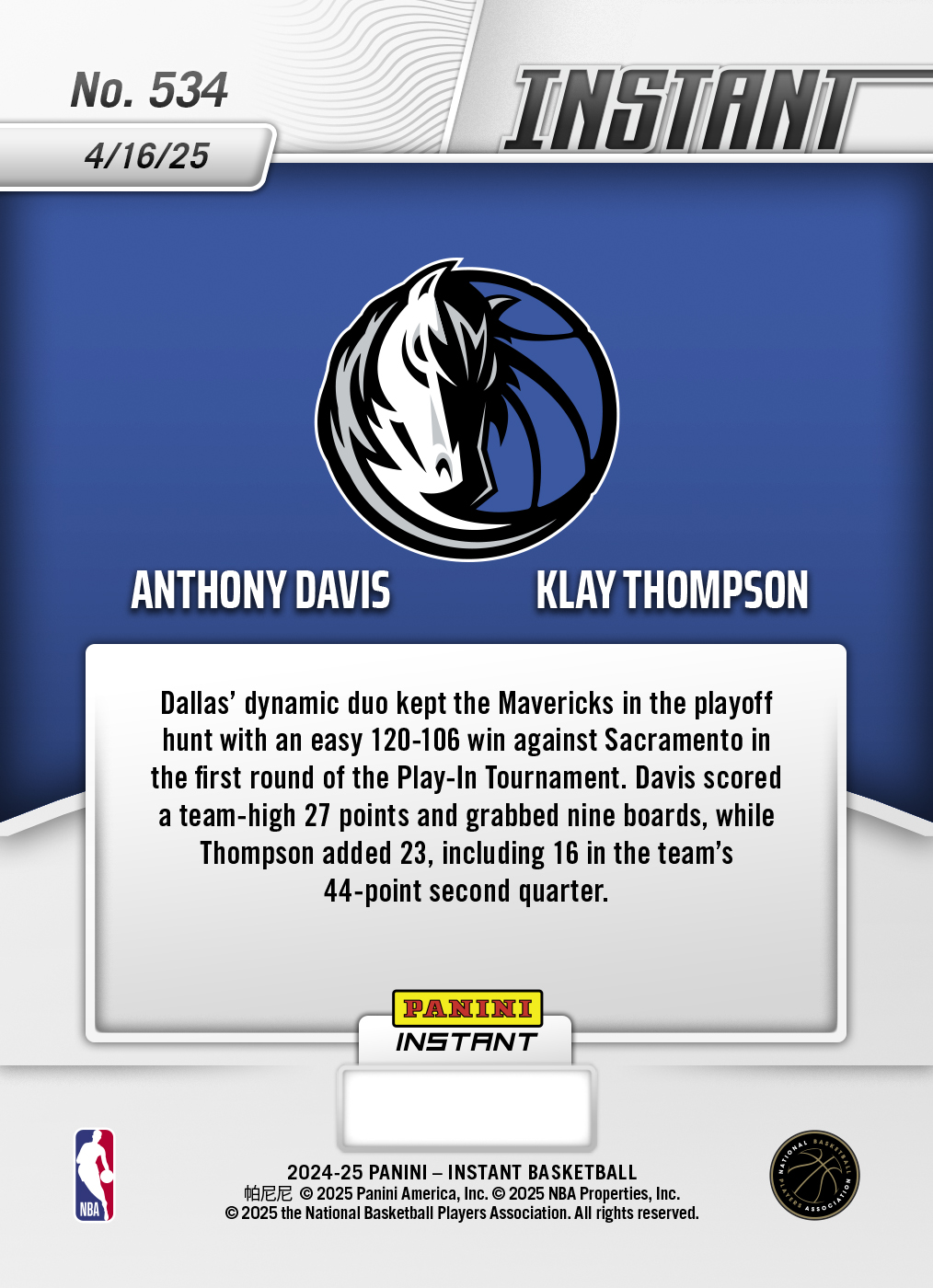 Anthony Davis/Klay Thompson - 2024-25 Panini Instant NBA