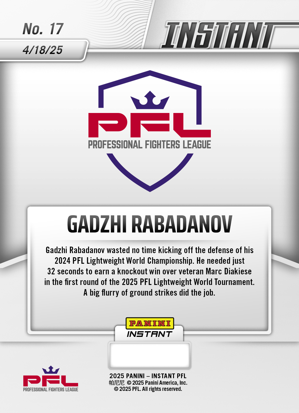 Product thumbnail image 2 of Gadzhi Rabadanov - 2025 Panini Instant PFL #17 - Lightning /5