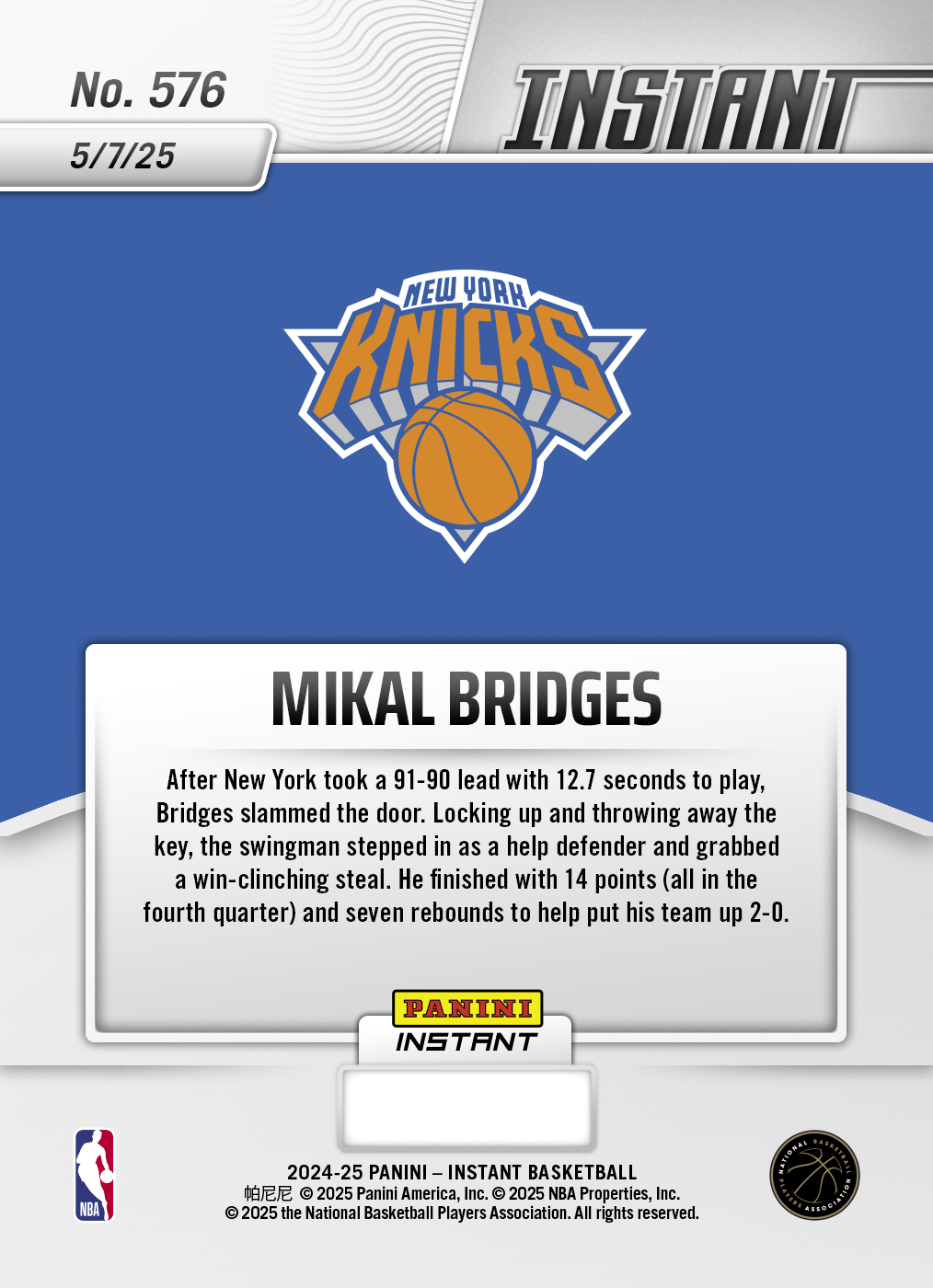 Mikal Bridges - 2024-25 Panini Instant NBA #576 - Base Card