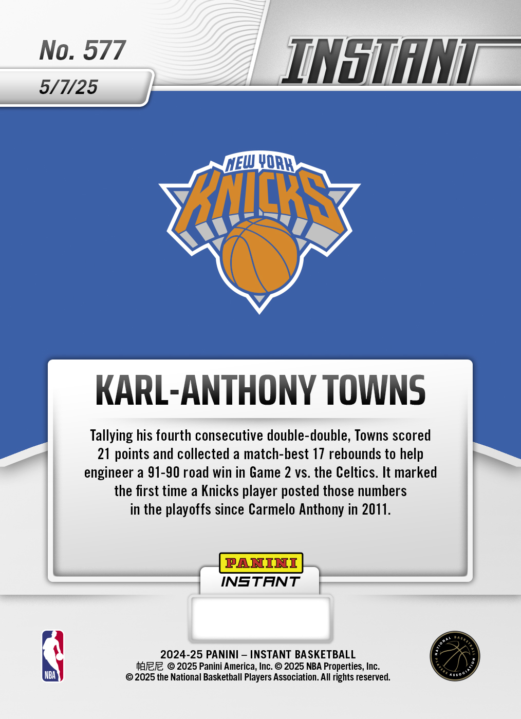 Karl-Anthony Towns - 2024-25 Panini Instant NBA #577 - White