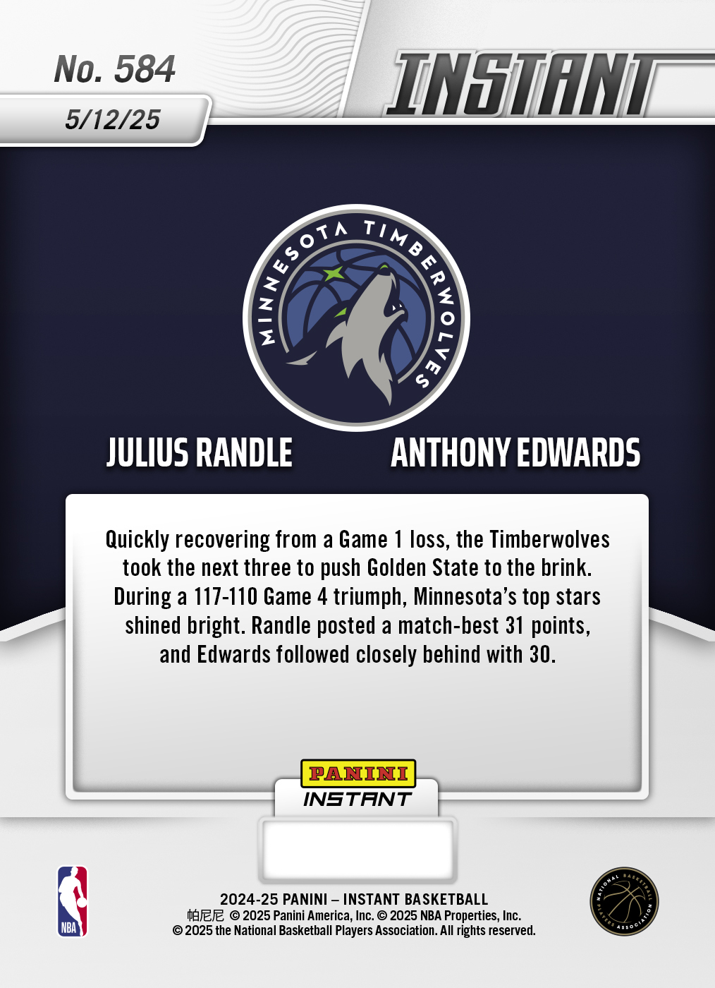 Julius Randle - 2024-25 Panini Instant NBA #584 - Base Card