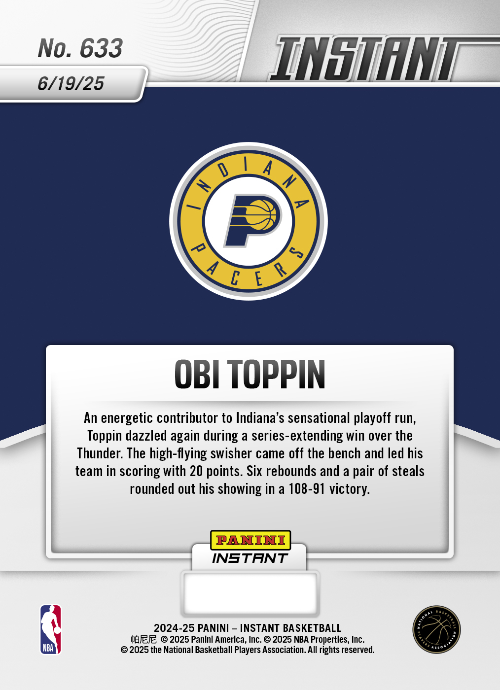Obi Toppin 2024 25 Panini Instant NBA #633 Base Card 10 pack Obi Toppin 2024 25 Panini Instant NBA #633 Base Card 10 pack