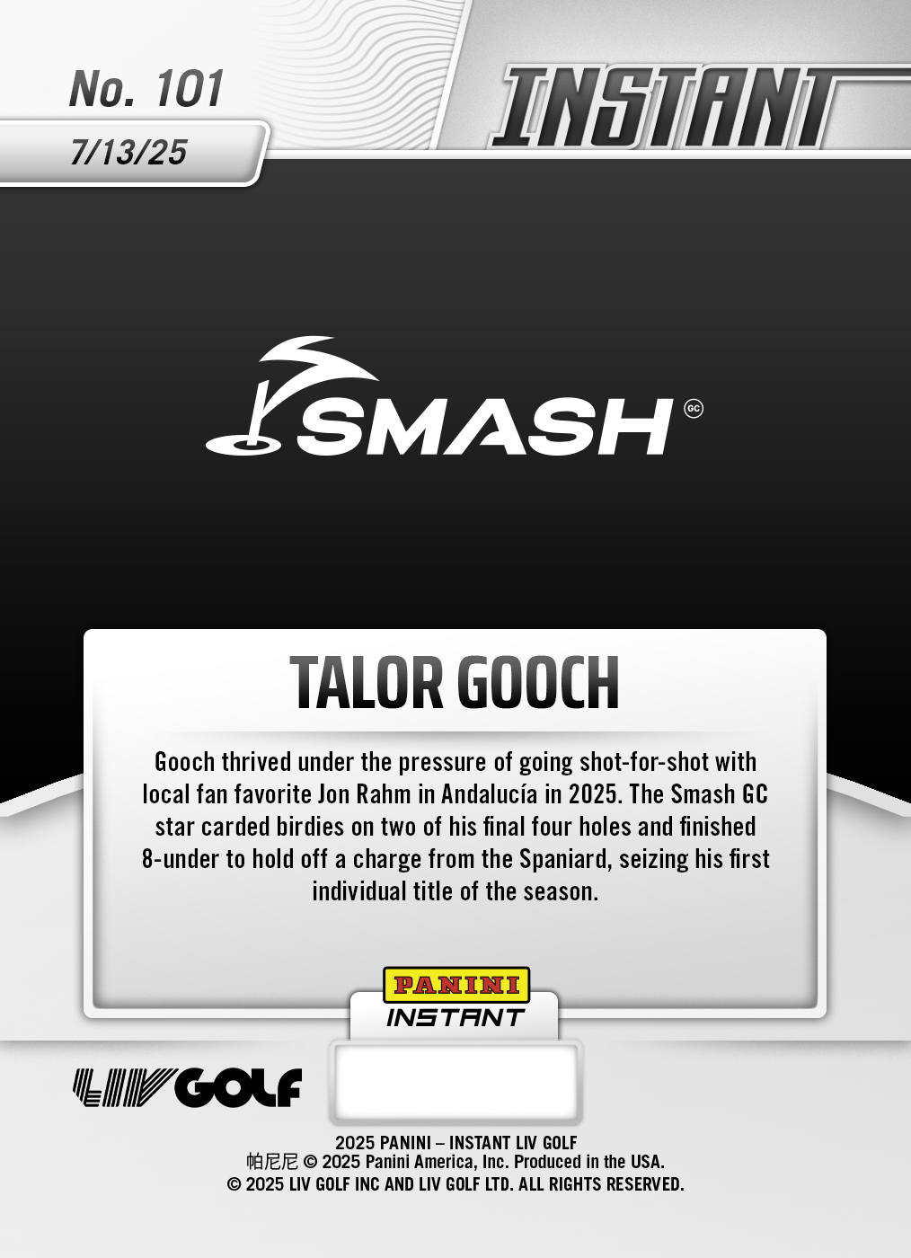 Product image 2 for - Talor Gooch - 2025 Panini Instant LIV Golf #101 - Lightning /5