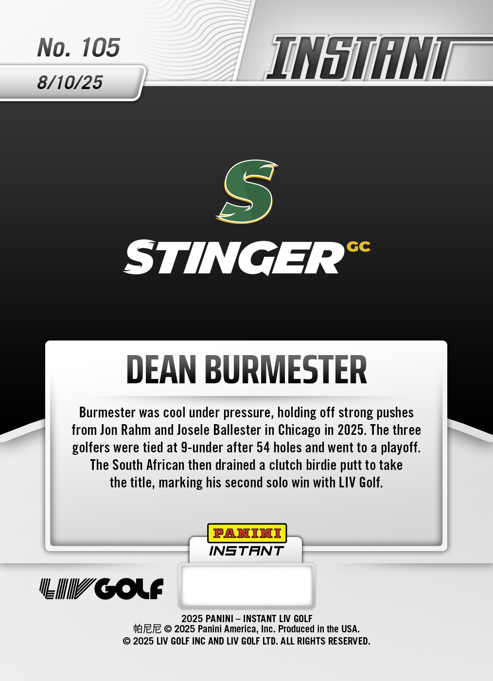 Product image 2 for - Dean Burmester - 2025 Panini Instant LIV Golf #105 - Lightning /5