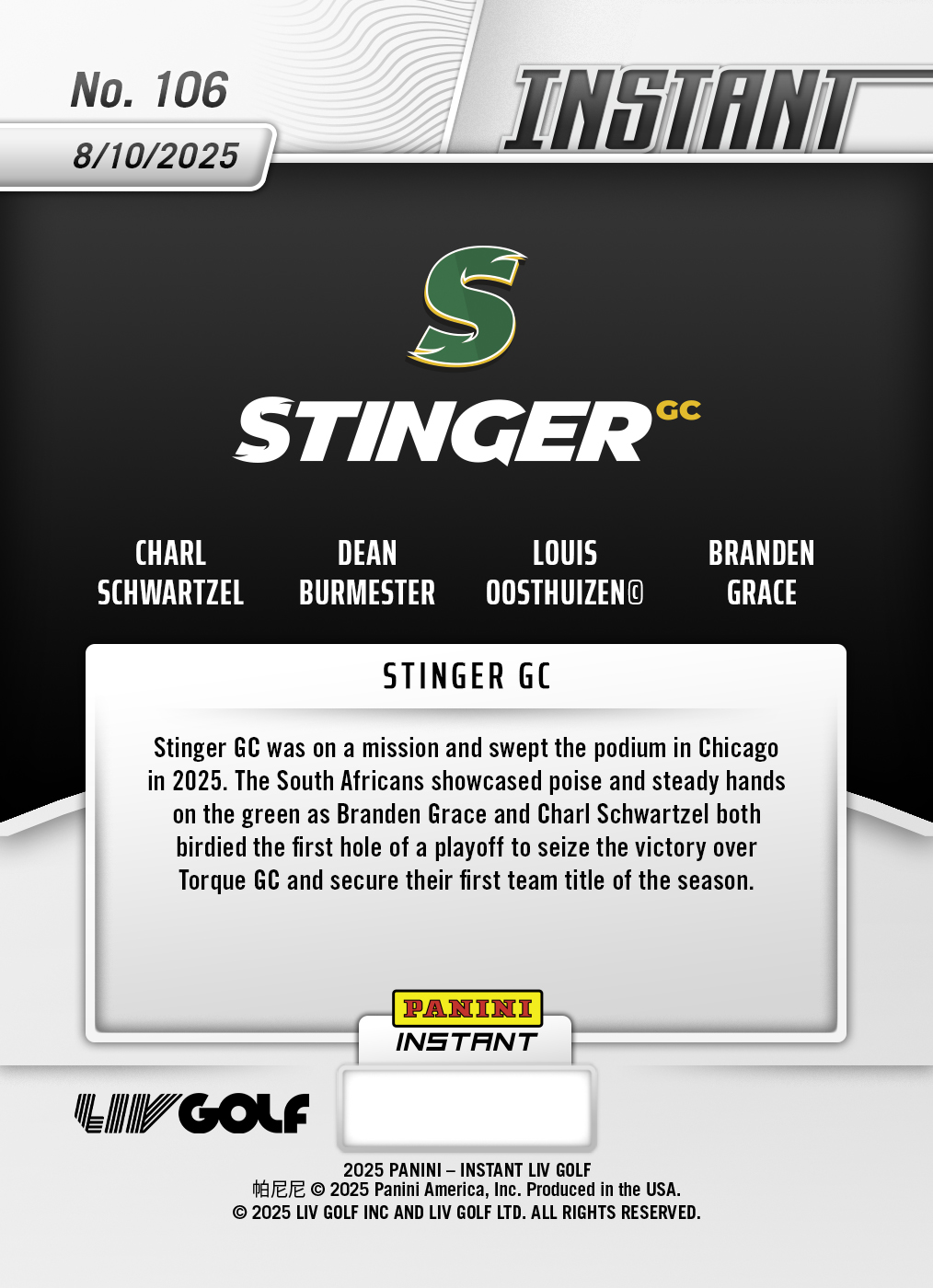 Product image 2 for - Stinger GC - 2025 Panini Instant LIV Golf #106 - Lightning /5