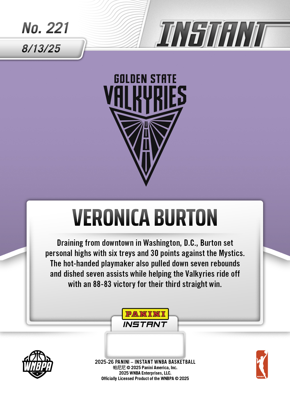 Product image 2 for - Veronica Burton - 2025 Panini Instant WNBA #221 - Magma 1/1