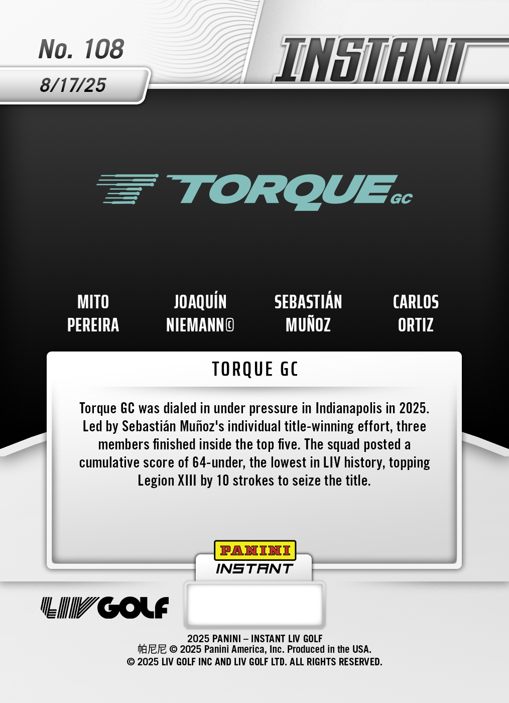 Product image 2 for - Torque GC - 2025 Panini Instant LIV Golf #108 - Lightning /5