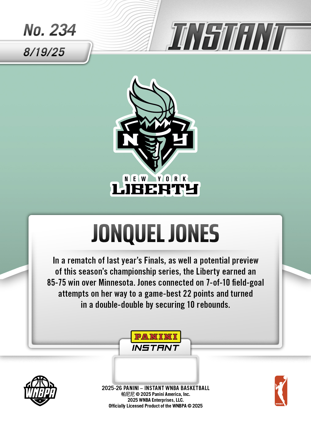 Product image 2 for - Jonquel Jones - 2025 Panini Instant WNBA #234 - Lightning /5