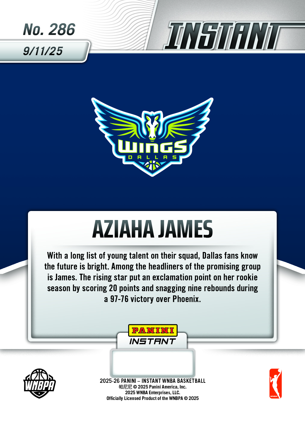 Product image 2 for - Aziaha James - 2025 Panini Instant WNBA #286 - Base /99 Auto