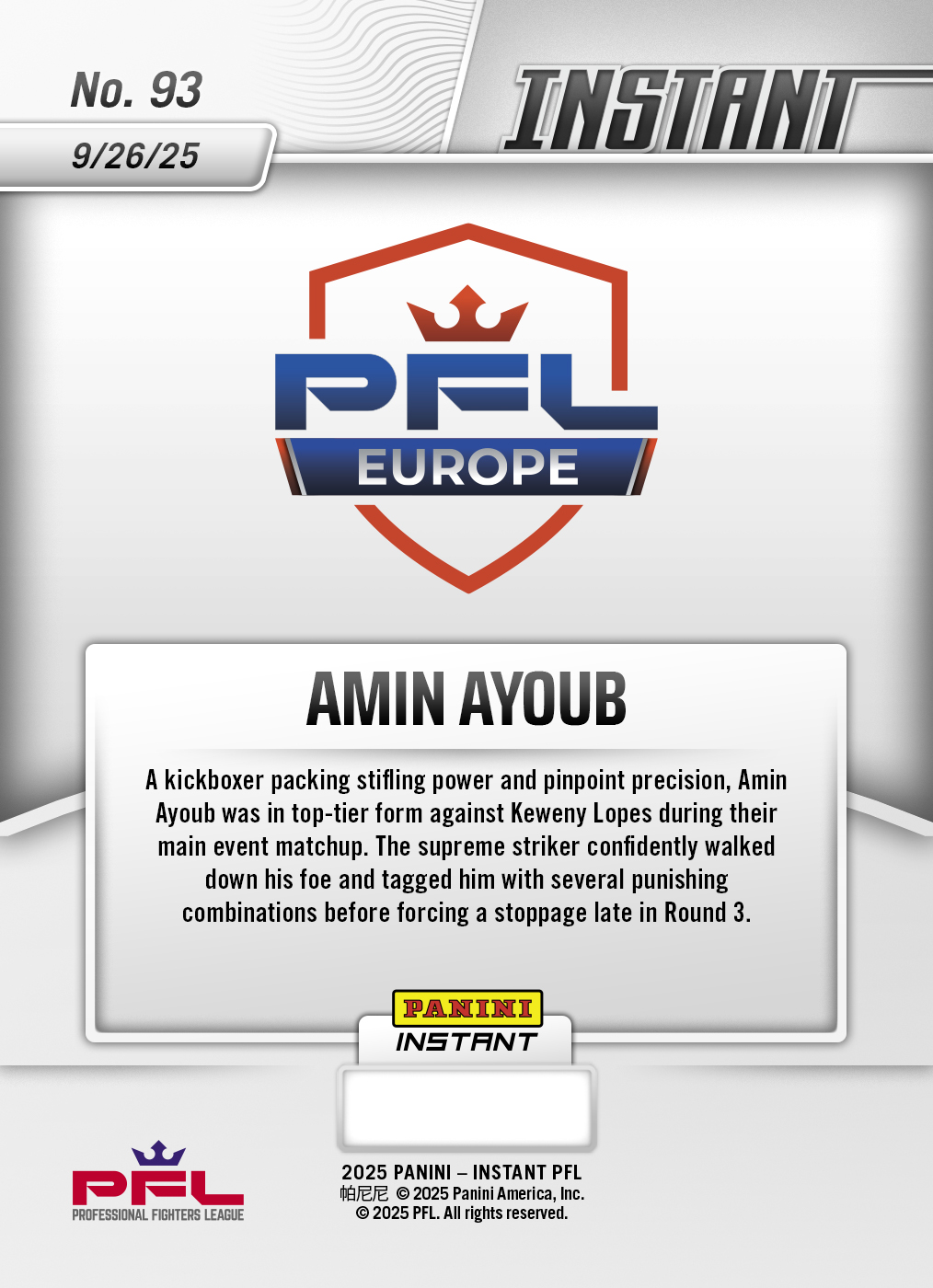 Product image 2 for - Amin Ayoub - 2025 Panini Instant PFL #93 - Lightning /5