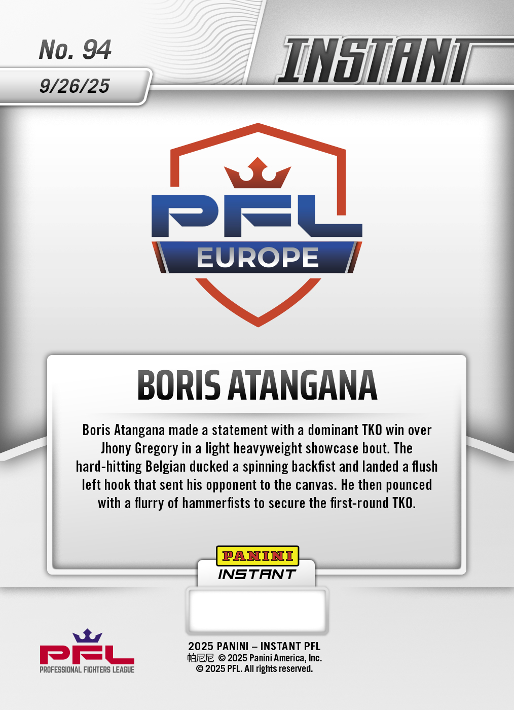 Product image 2 for - Boris Atangana - 2025 Panini Instant PFL #94 - Lightning /5