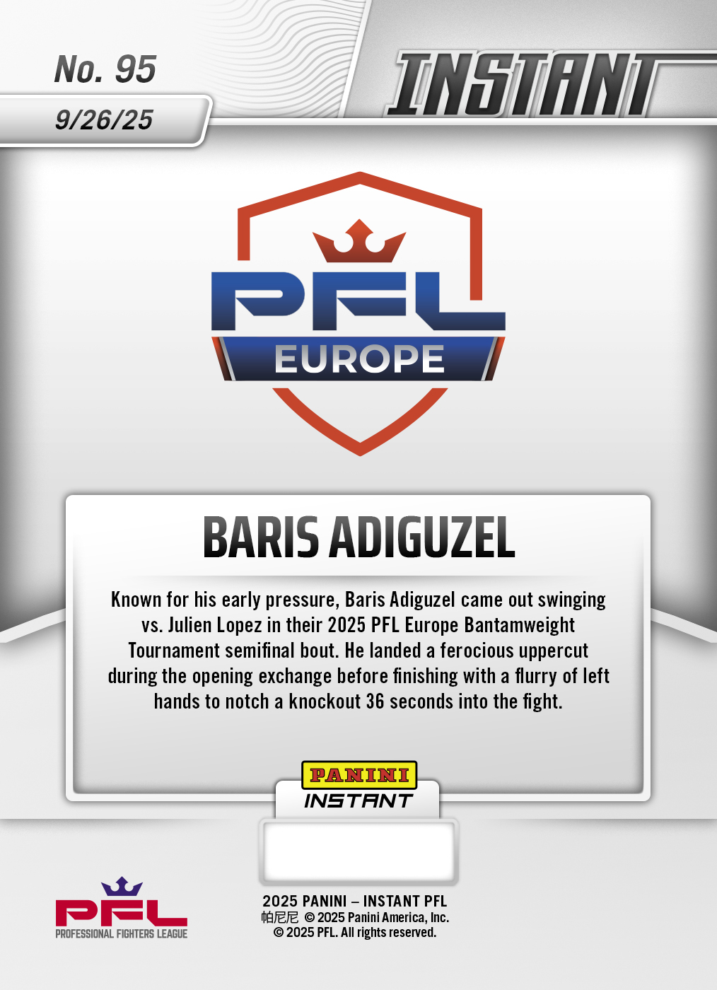Product image 2 for - Baris Adiguzel - 2025 Panini Instant PFL #95 - Lightning /5