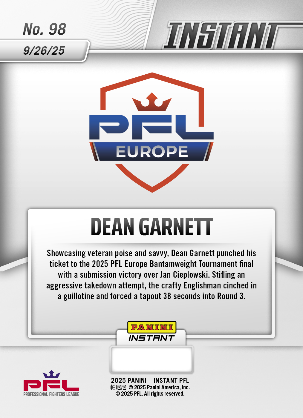 Product image 2 for - Dean Garnett - 2025 Panini Instant PFL #98 - Lightning /5