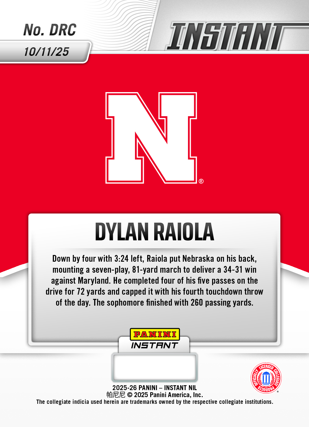 Product image 2 for - Dylan Raiola - 2025 Panini Instant NIL College Football #DRC - Lightning /5