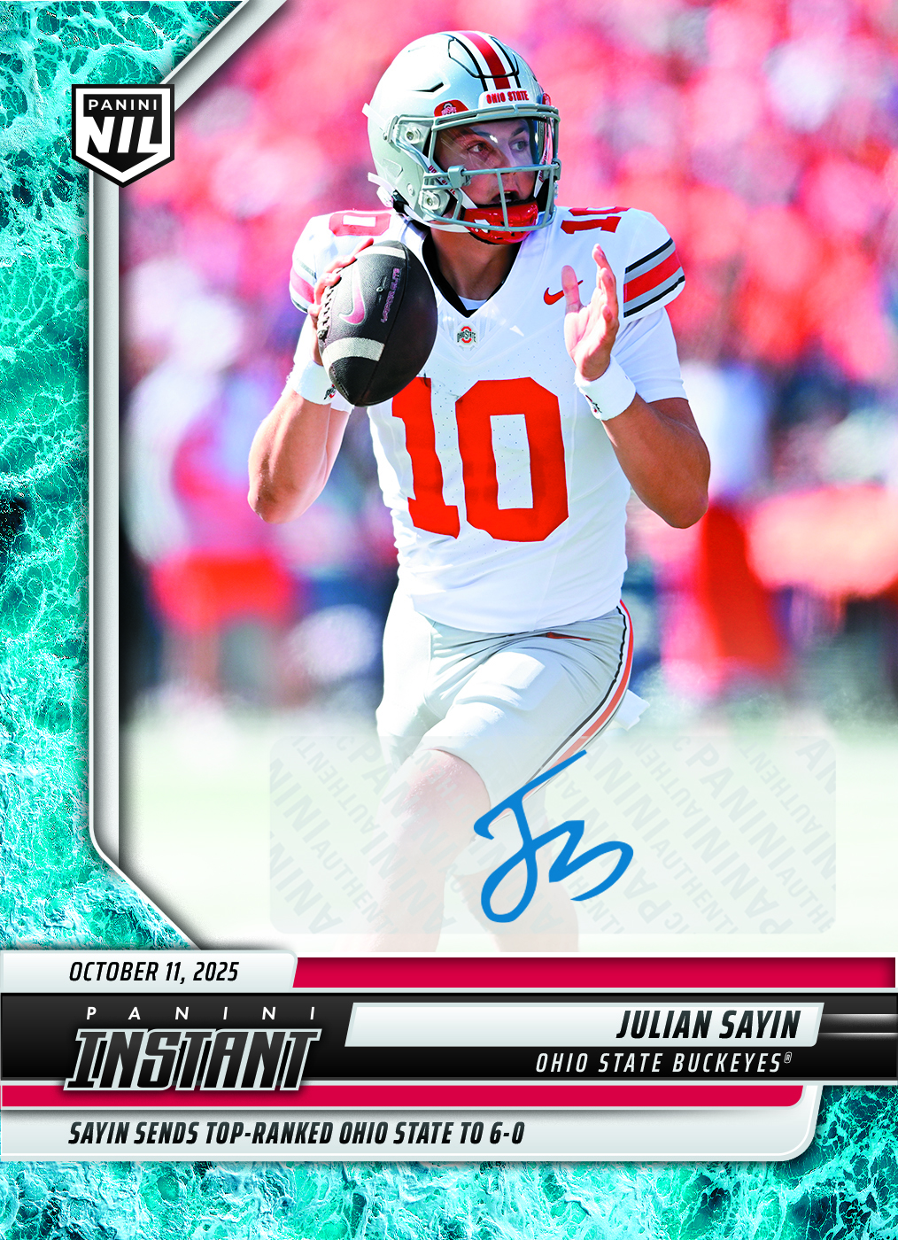 Product image 1 for - Julian Sayin - 2025 Panini Instant NIL College Football #JSE - Water /10 Auto