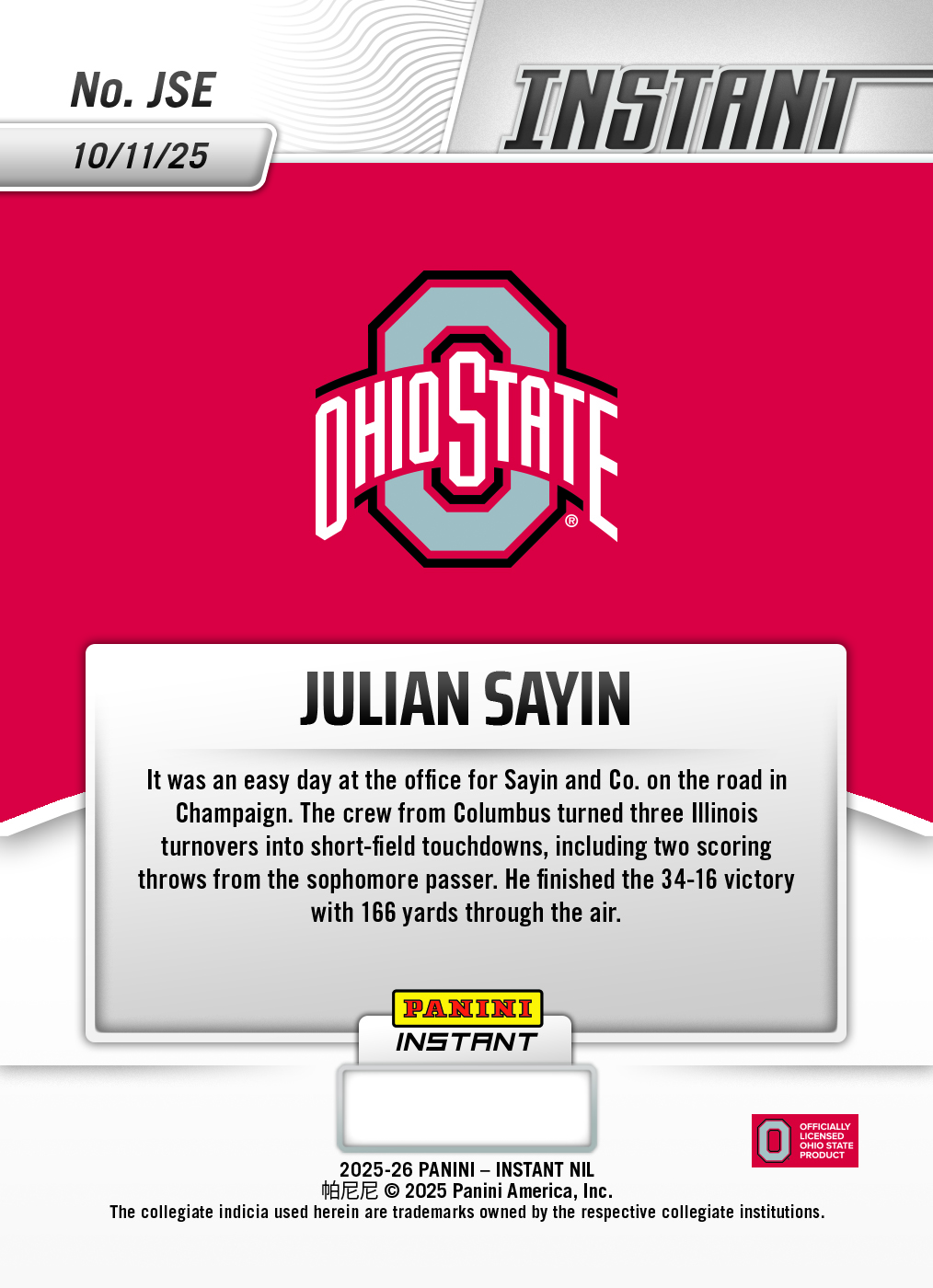 Product image 2 for - Julian Sayin - 2025 Panini Instant NIL College Football #JSE - Lightning /5