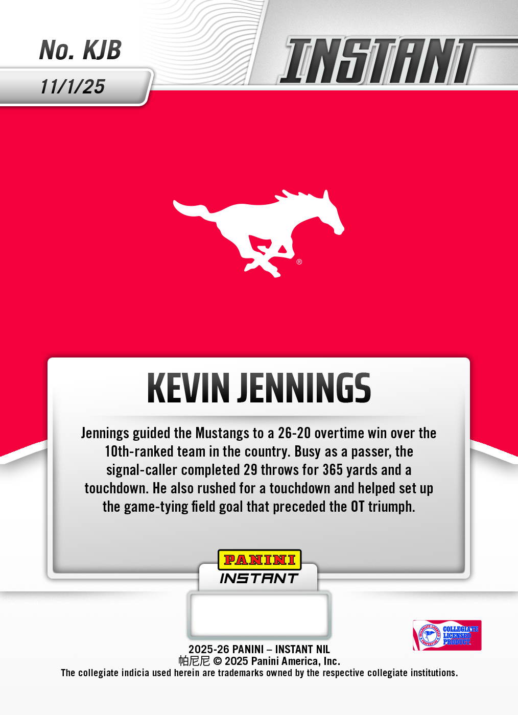 Product image 2 for - Kevin Jennings - 2025 Panini Instant NIL College Football #KJB - Lightning /5
