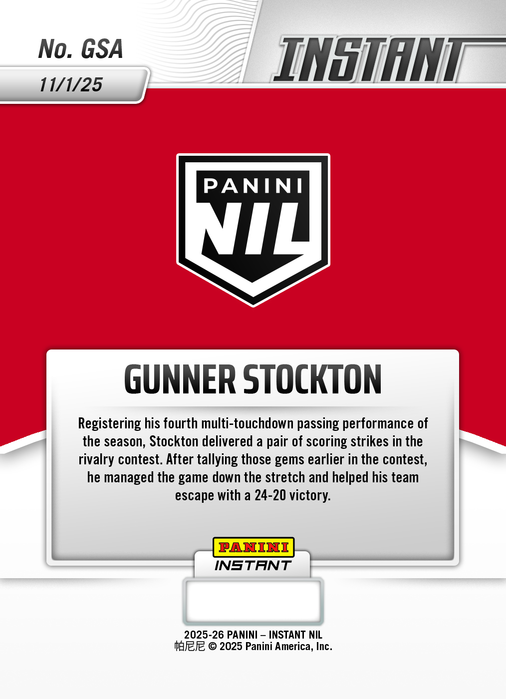 Product image 2 for - Gunner Stockton - 2025 Panini Instant NIL College Football #GSA - Lightning /5