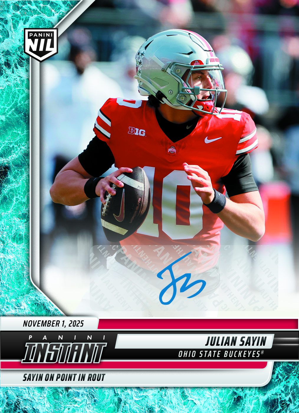 Product image 1 for - Julian Sayin - 2025 Panini Instant NIL College Football #JSF - Water /10 Auto