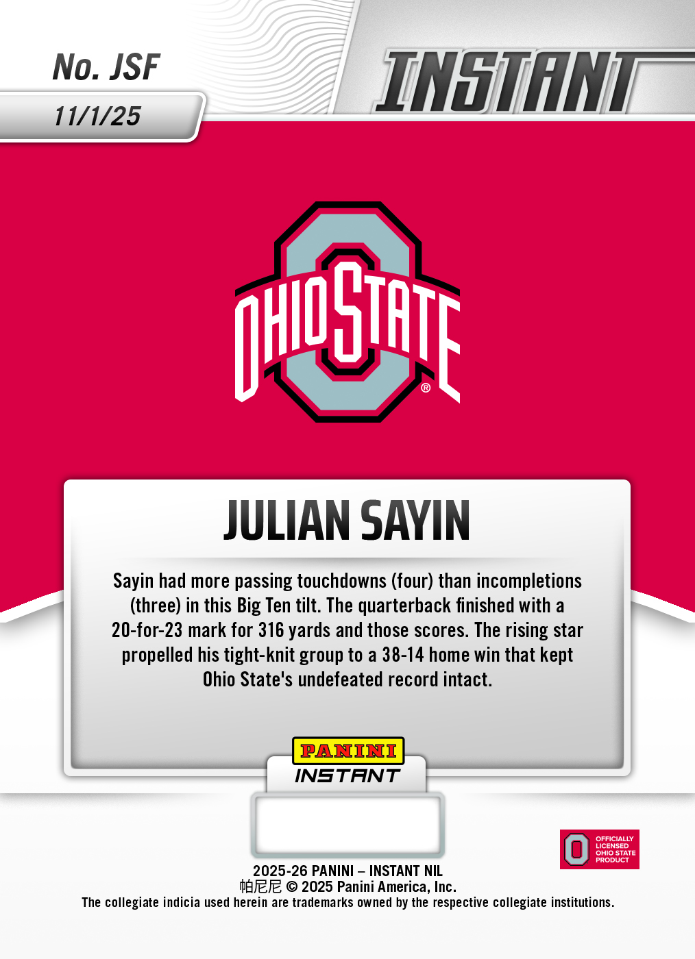 Product image 2 for - Julian Sayin - 2025 Panini Instant NIL College Football #JSF - Lightning /5