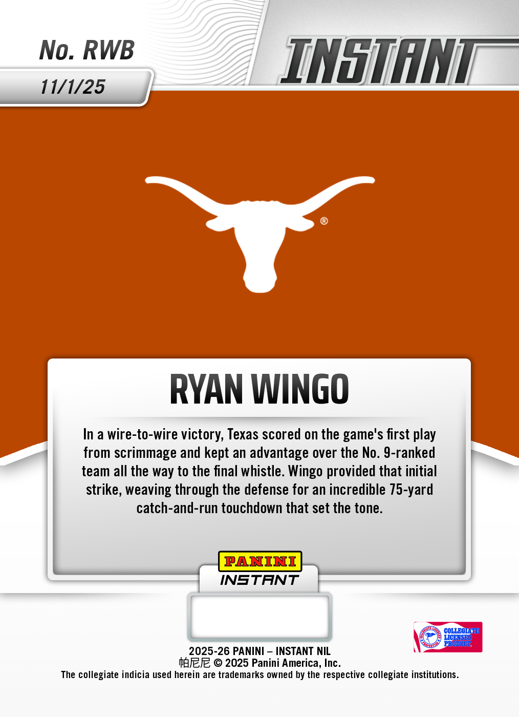 Product image 2 for - Ryan Wingo - 2025 Panini Instant NIL College Football #RWB - Water /10 Auto