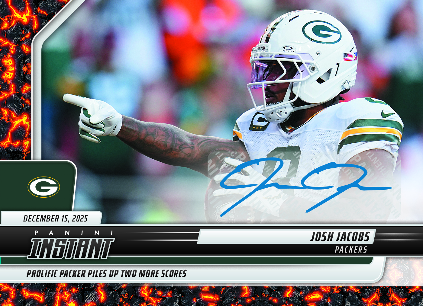Josh Jacobs 2025 Panini Instant NFL 347 Magma 1 1 Auto josh-jacobs-2025-panini-instant-nfl-347-magma-1-1-auto