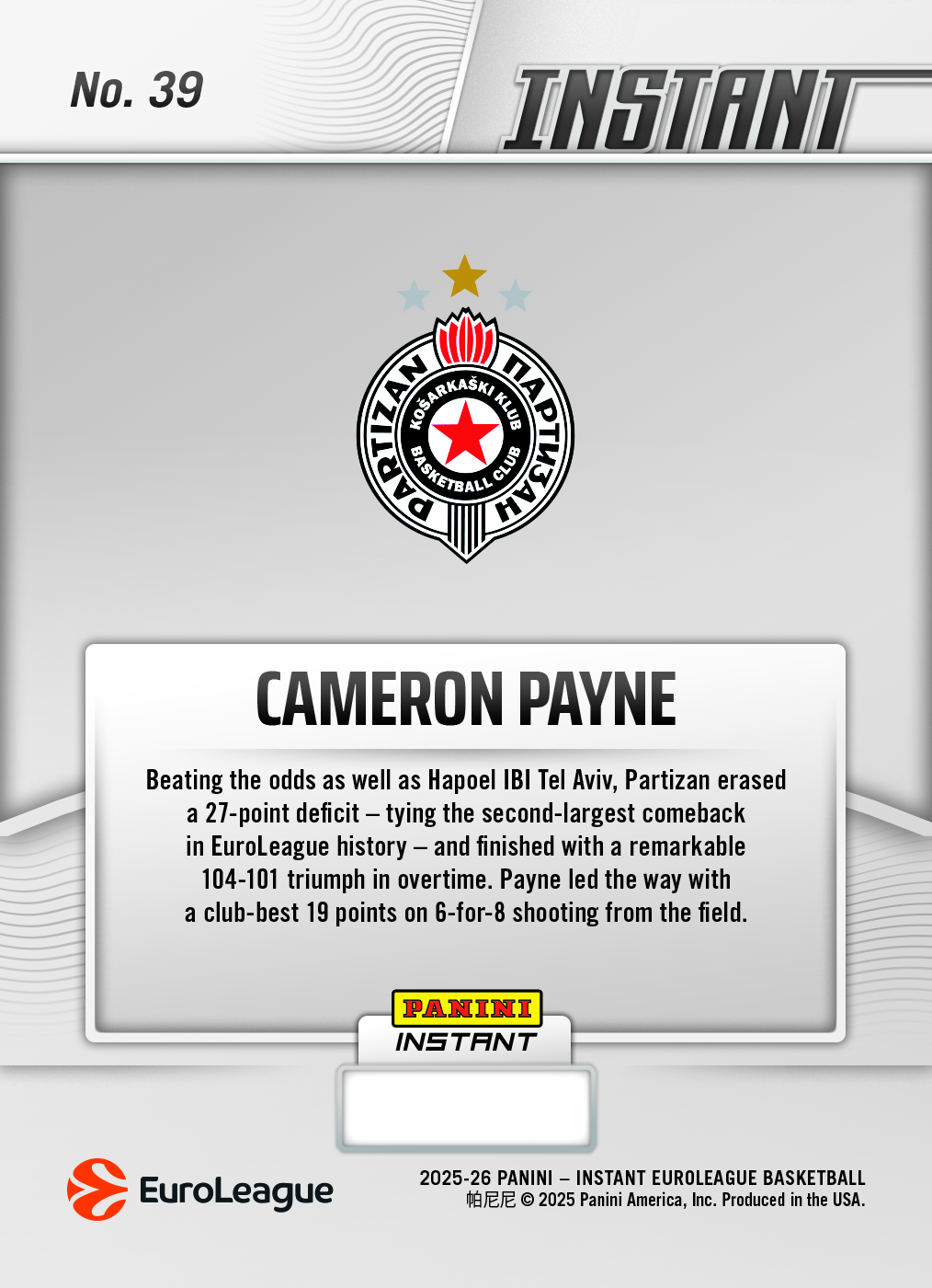 Product image 2 for - Cameron Payne - 2025-26 Panini Instant EuroLeague #39 - Metallic /5