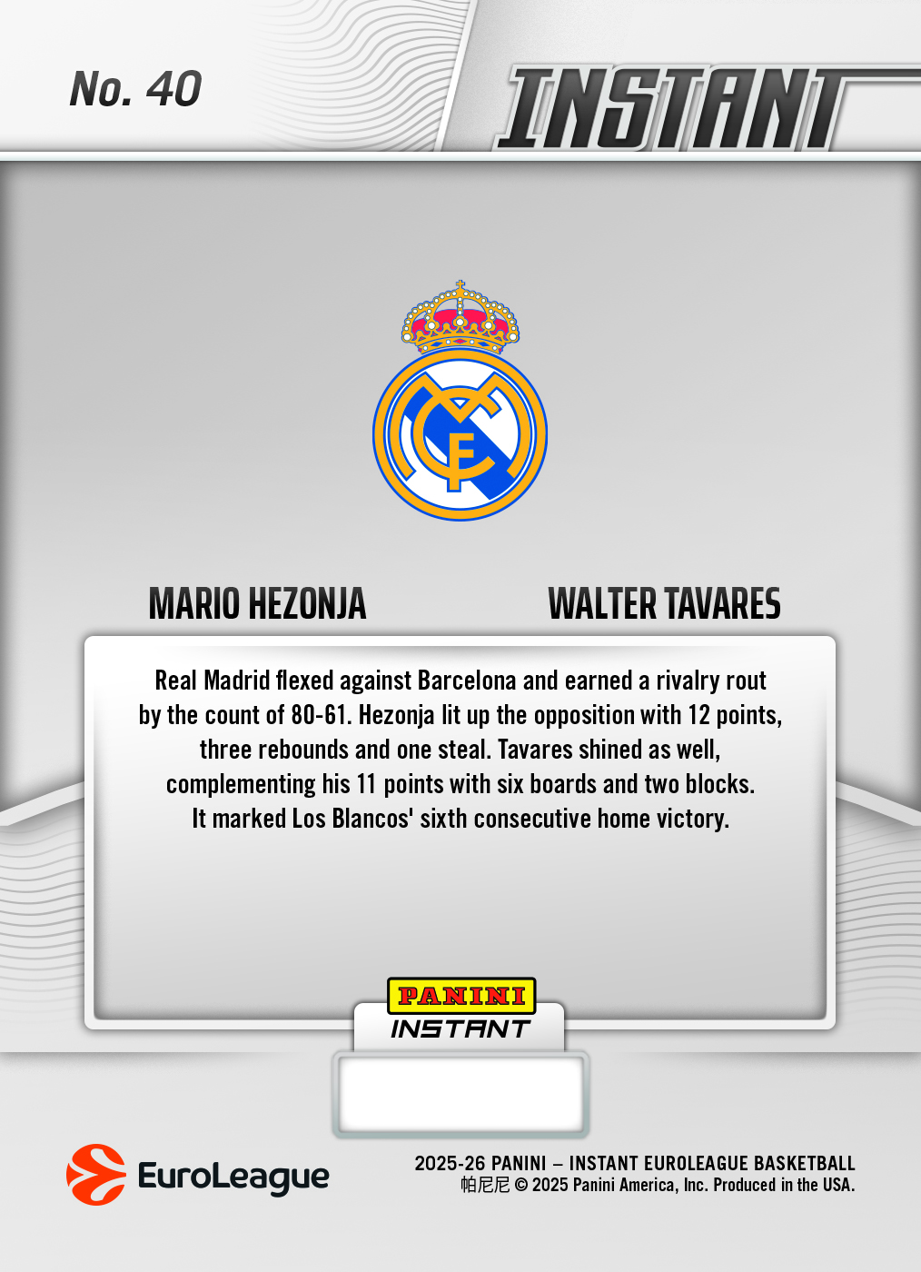 Product image 2 for - Mario Hezonja/Walter Tavares - 2025-26 Panini Instant EuroLeague #40 - Metallic /5