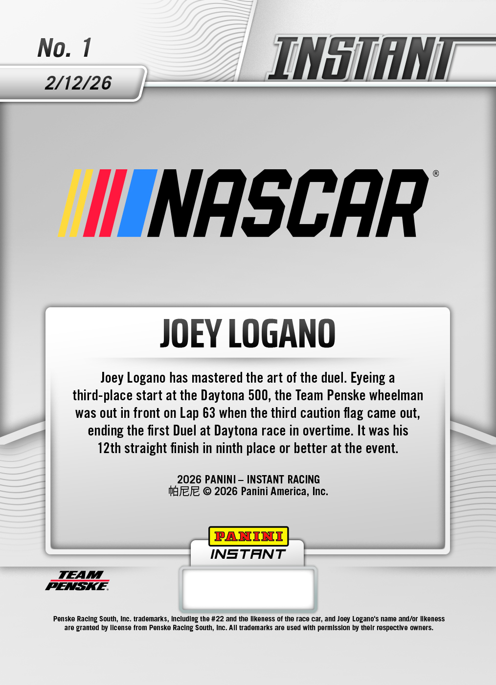 Product image 2 for - Joey Logano - 2026 Panini Instant NASCAR #1 - Metallic /5