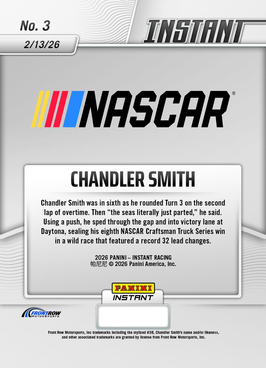 Product image 2 for - Chandler Smith - 2026 Panini Instant NASCAR #3 - Metallic /5