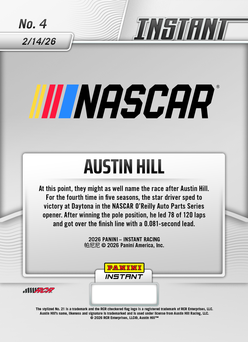 Product image 2 for - Austin Hill - 2026 Panini Instant NASCAR #4 - Gold /10 Auto