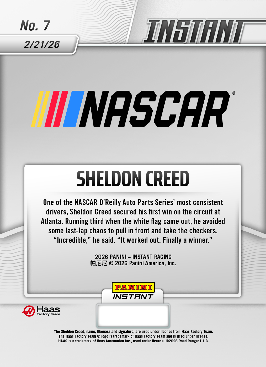Product image 2 for - Sheldon Creed - 2026 Panini Instant NASCAR #7 - Metallic /5