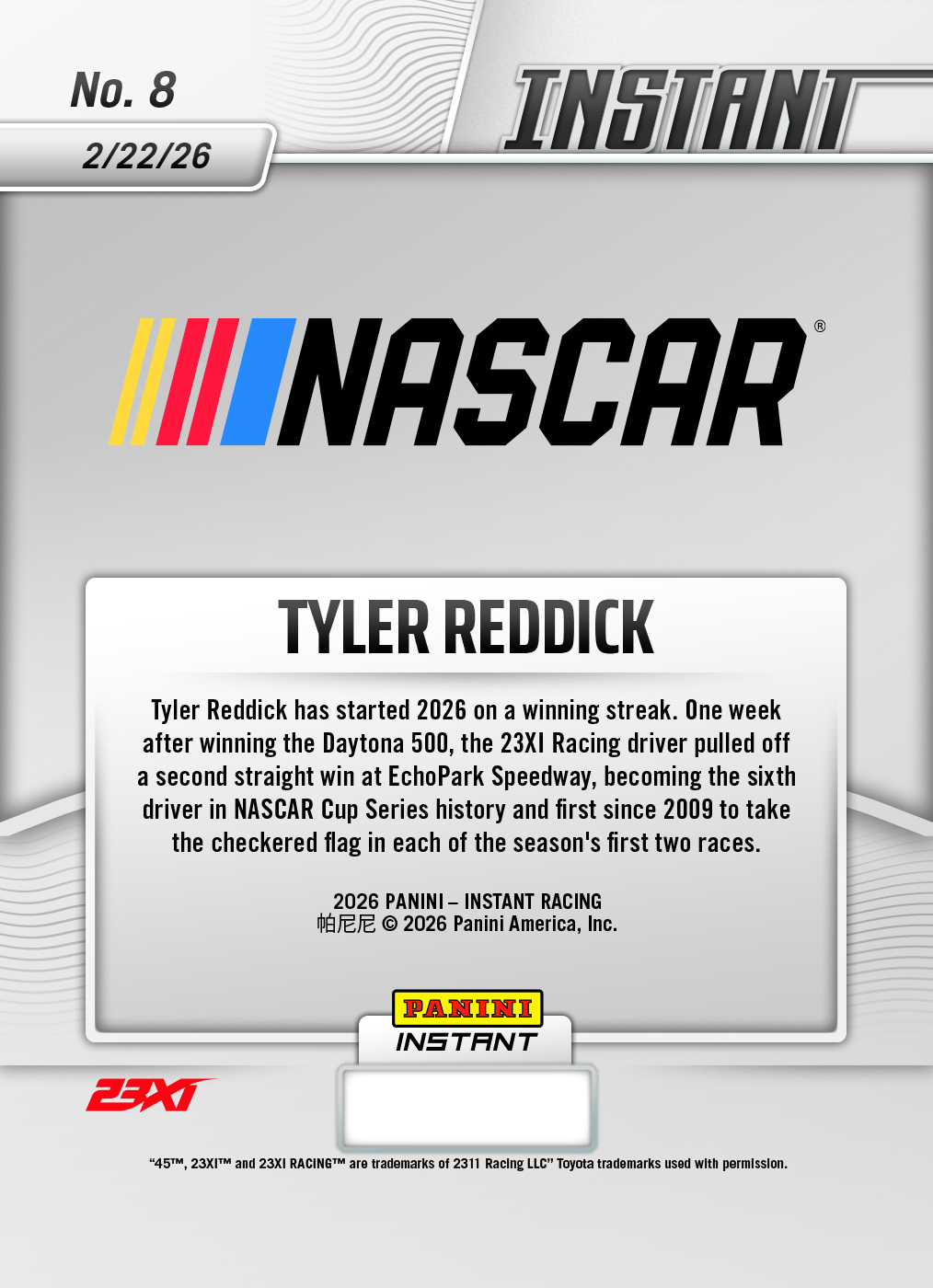 Product image 2 for - Tyler Reddick - 2026 Panini Instant NASCAR #8 - Gold /10 Auto