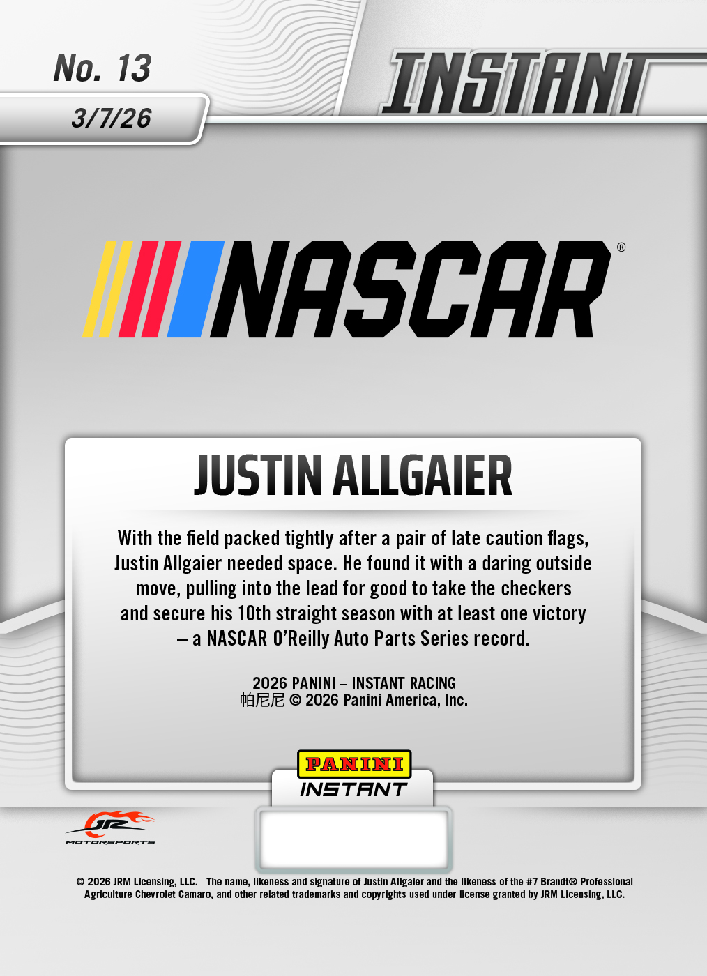 Product image 2 for - Justin Allgaier  - 2026 Panini Instant NASCAR #13 - Metallic /5