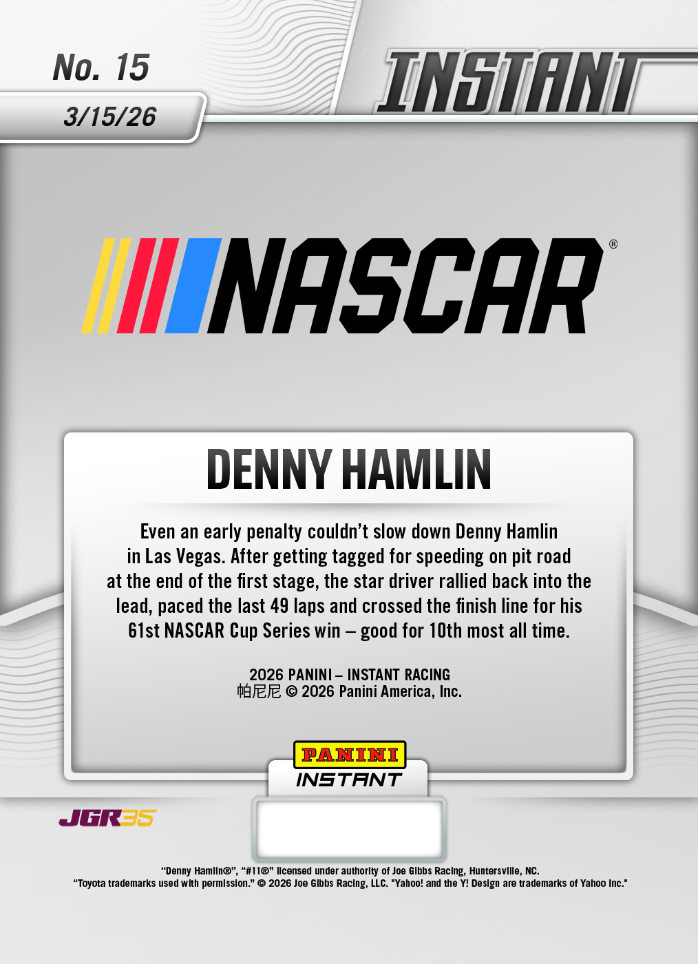 Product image 2 for - Denny Hamlin  - 2026 Panini Instant NASCAR #15 - Metallic /5