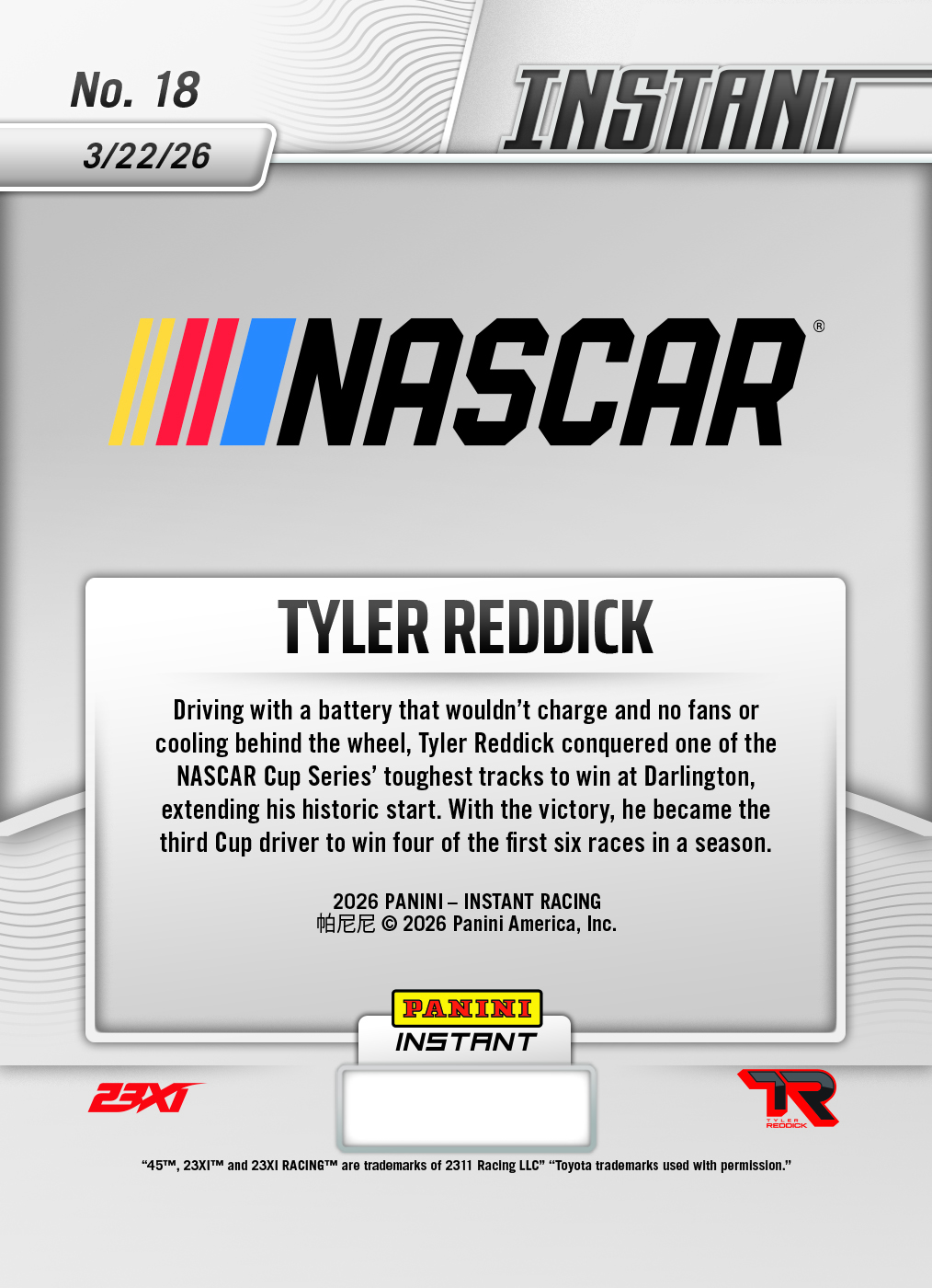 Product image 2 for - Tyler Reddick - 2026 Panini Instant NASCAR #18 - Metallic /5