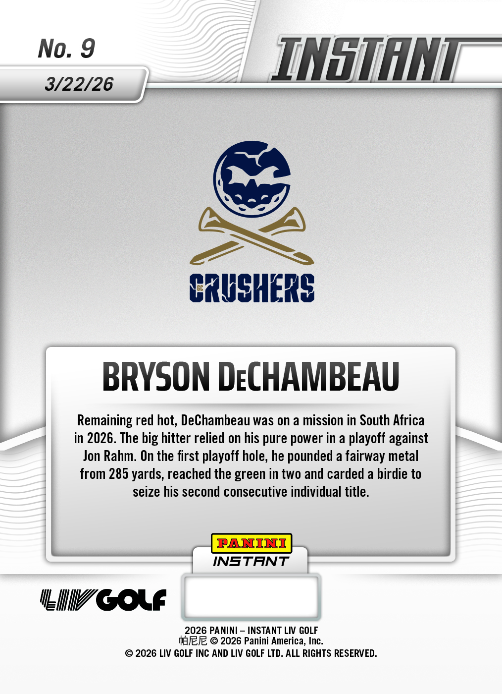 Product image 2 for - Bryson DeChambeau - 2026 Panini Instant LIV Golf #9 - Metallic /5