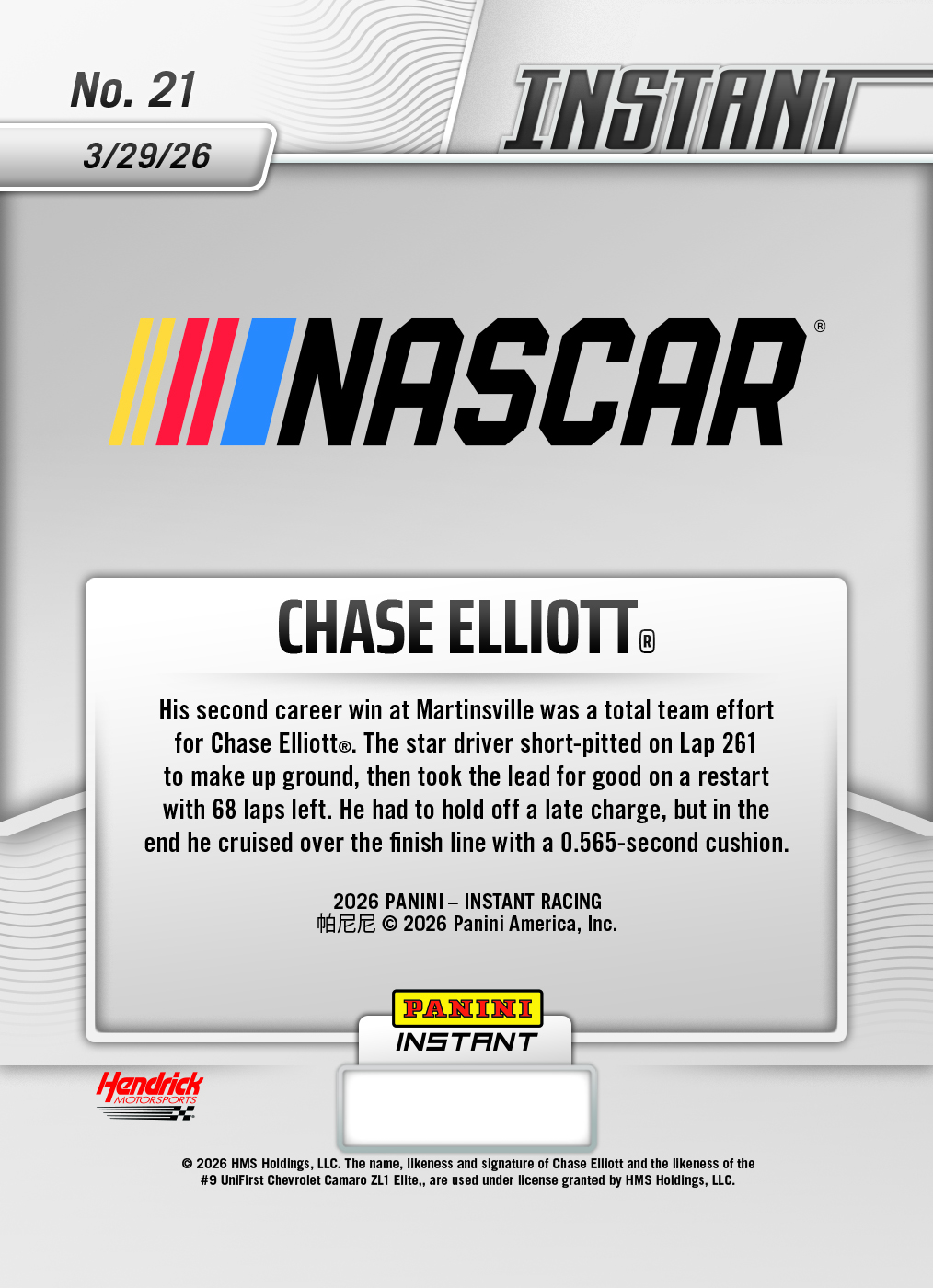 Chase Elliott - 2026 Panini Instant NASCAR #21 - Base Card