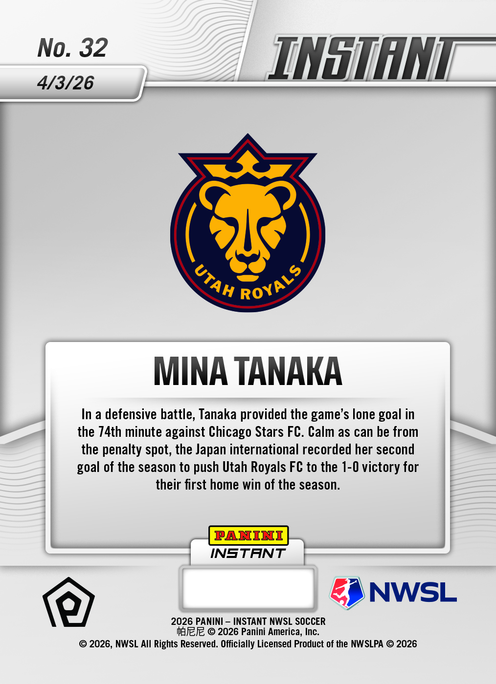 Product image 2 for - Mina Tanaka - 2026 Panini Instant NWSL #32 - Metallic /5